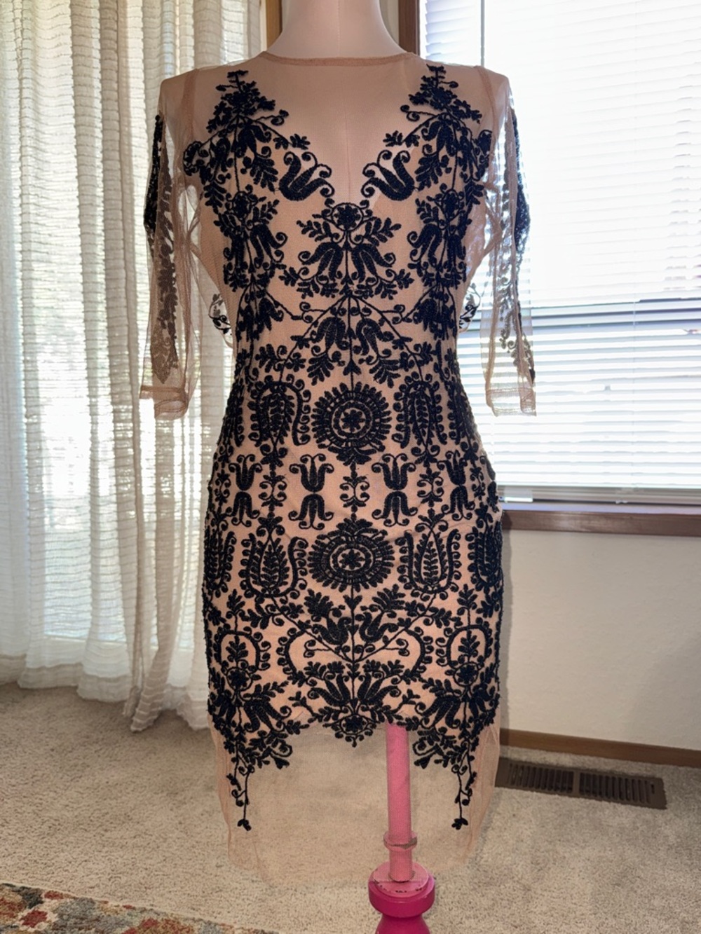 Embellished Black Lace Overlay Dress - Nude/Black